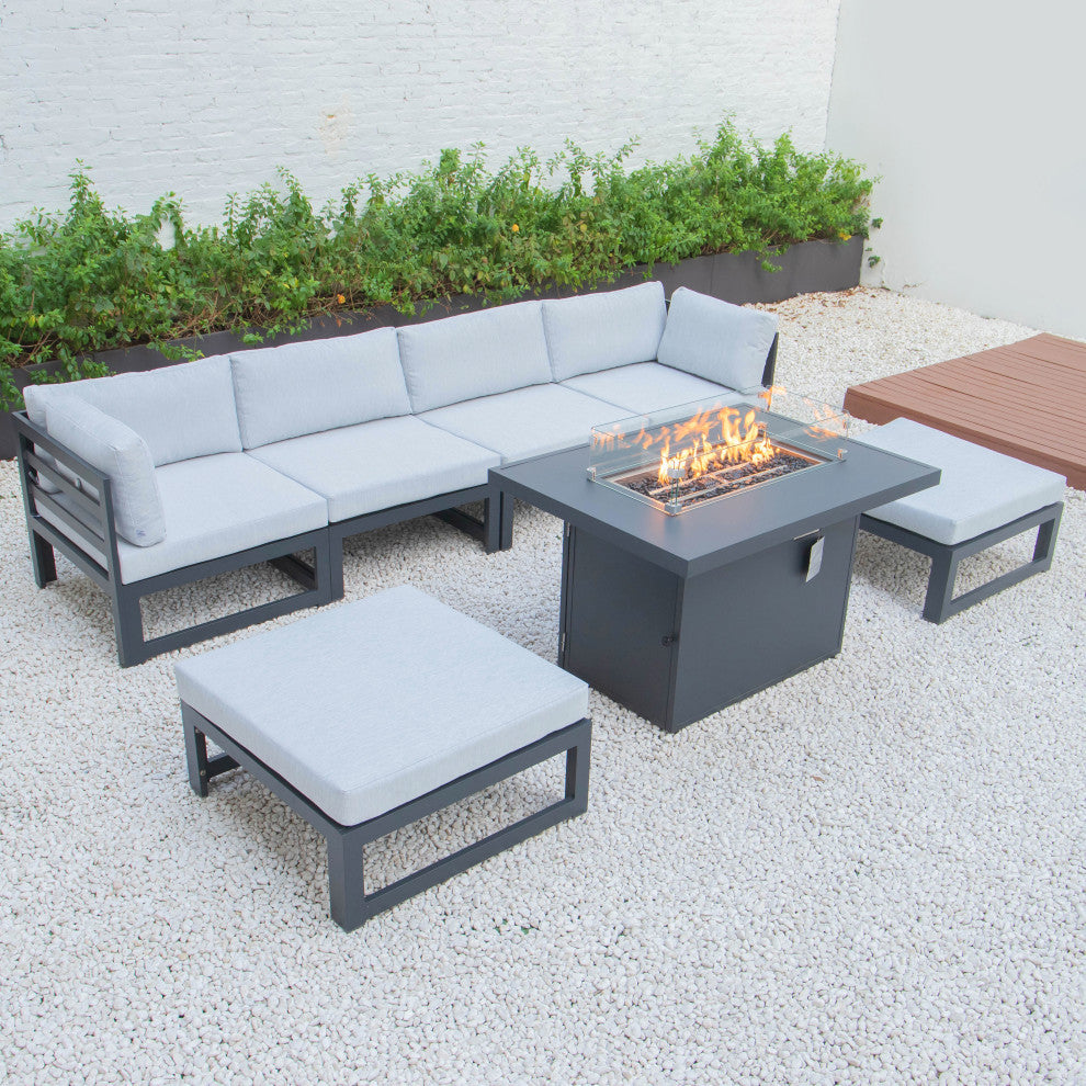 LeisureMod Chelsea 7-Piece Outdoor Sectional With Fire Pit Table, Light Gray