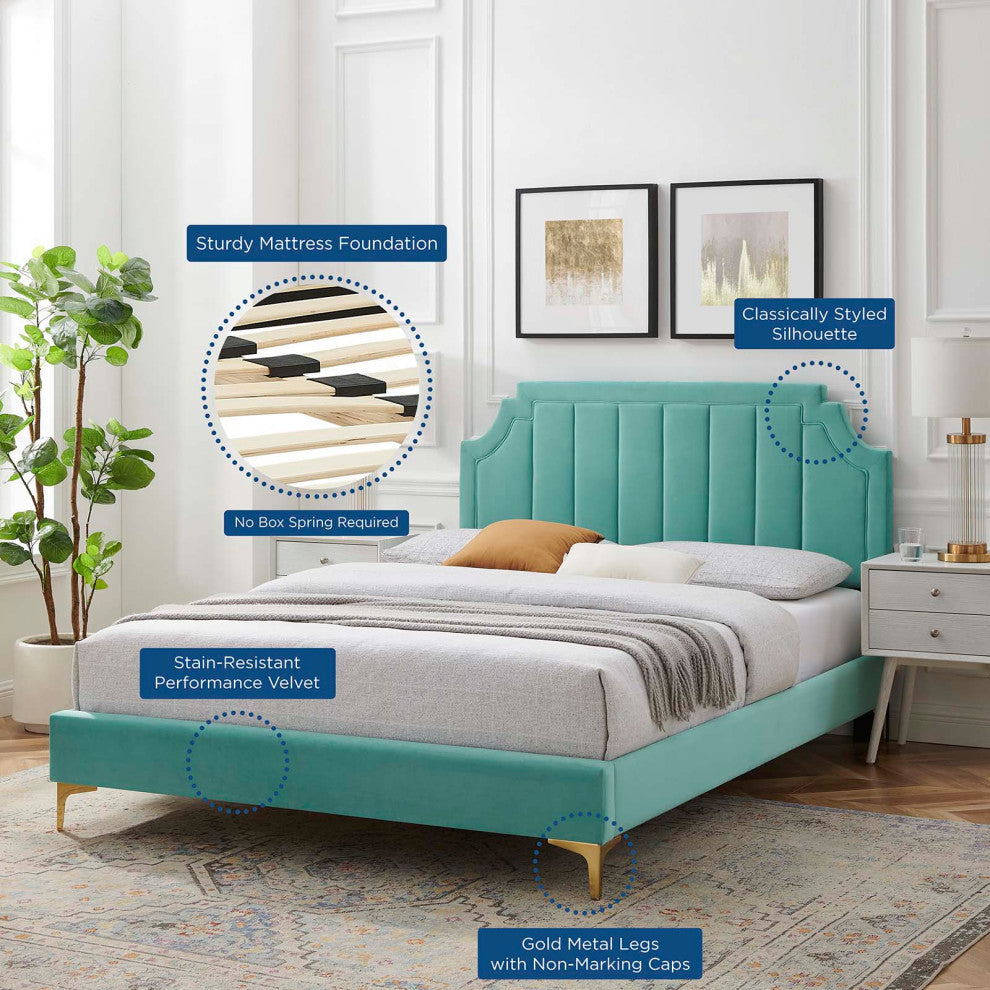 Platform Bed Frame, King Size, Velvet, Blue, Modern Contemporary, Bedroom Master