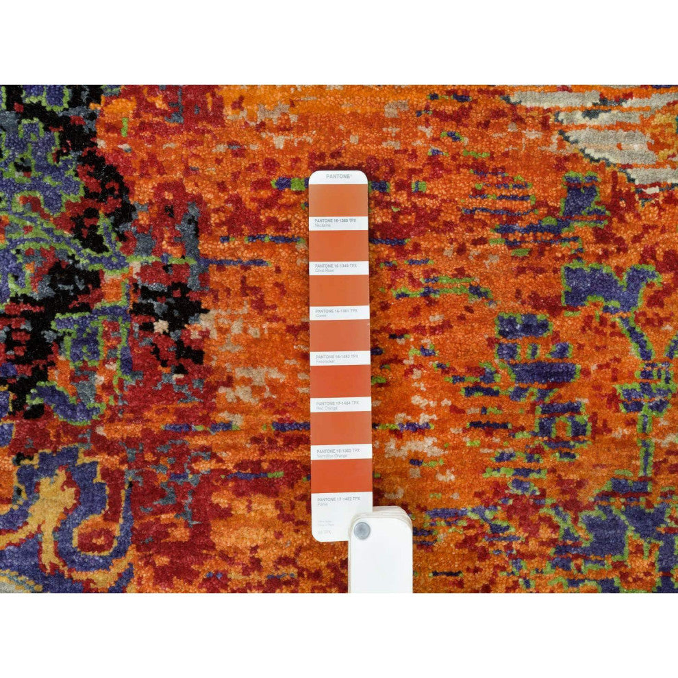 Orange Wool Hand Knotted Ancient Ottoman Erased Design Square Rug 12'1"x12'1"