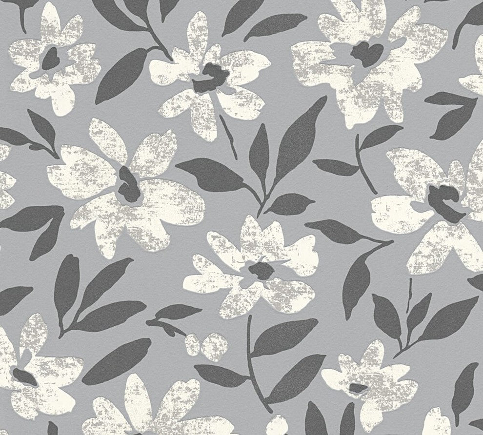 Moments, Baroque Motifs, Flowers And Garlands Gray Wallpaper Roll, Modern