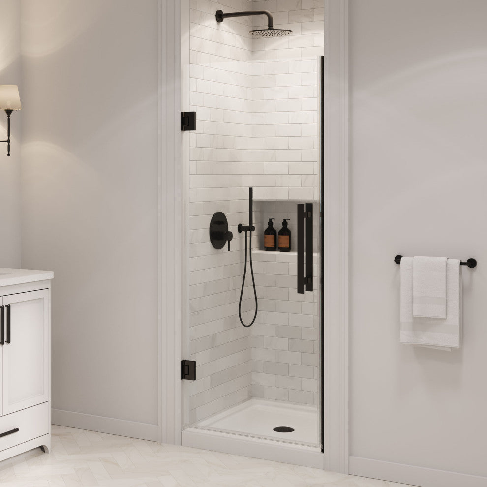 Panama Alcove Frameless Pivot Hinge Shower Door Kit With Base Pan, 2025, Black, 32x32"