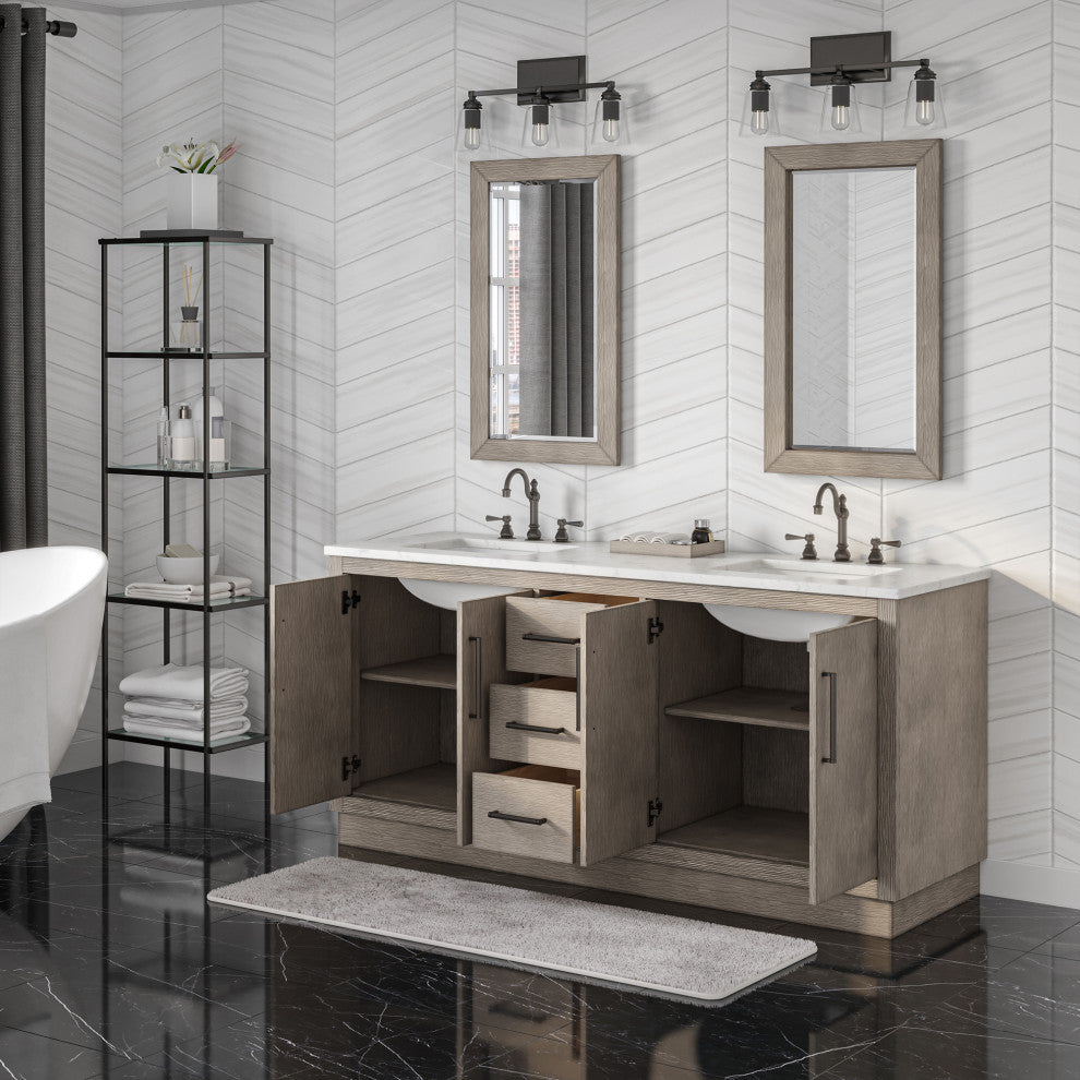 Hugo Carrara White Marble Countertop Bathroom Vanity in Grey Oak, Bronze Handle, 72", Vanity With Hook Faucet