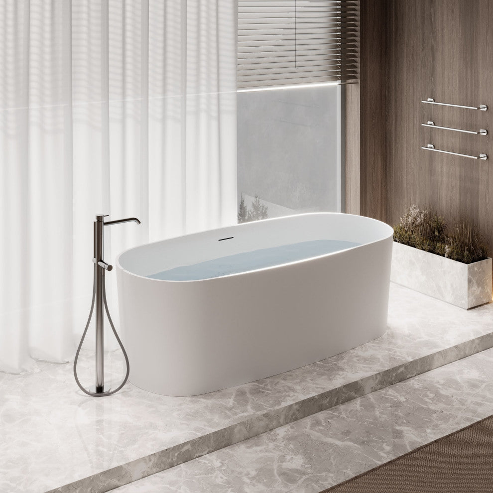 67" Streamline NS5800CH Matte White Stone Resin Bathtub, Tray With Chrome Drain