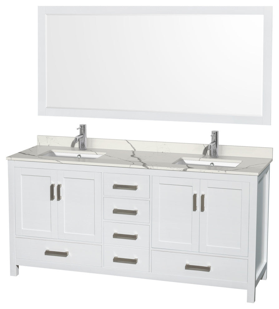 Sheffield 72" White DBL Vanity, Calacatta Quartz Top, Square Sinks, 70" Mirror