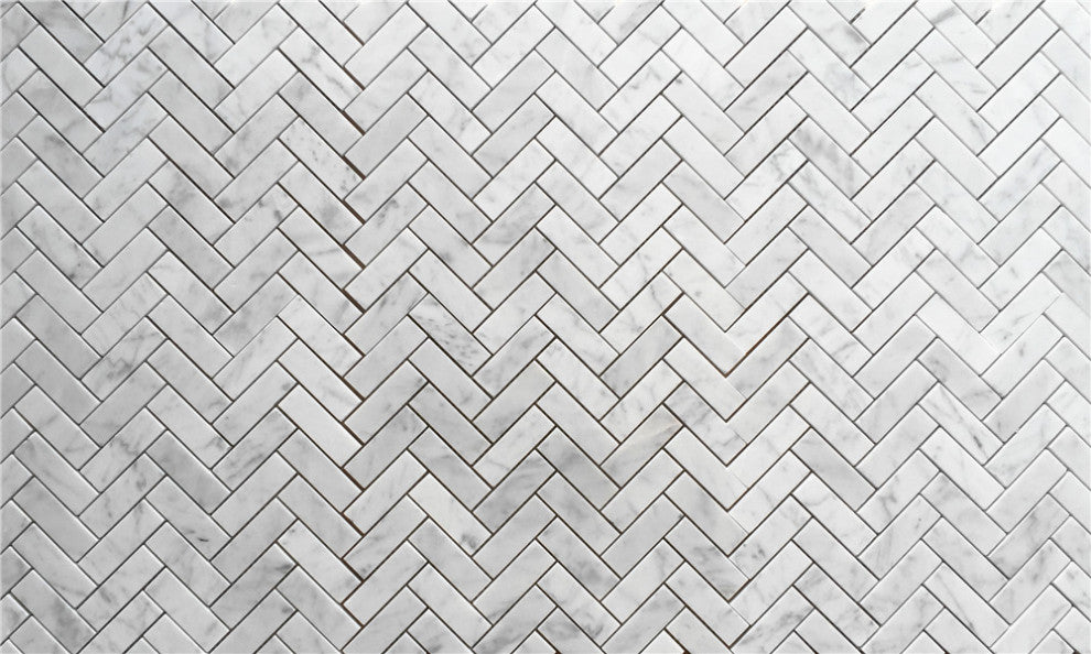 Herringbone Mosaic White Carrara Venato Carrera Marble Tile Honed 1x3, 1 sheet