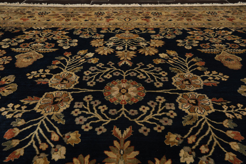 8'11''x11'8'' Hand-Knotted Wool 250 KPSI Oriental Area Rug, Midnight Blue & Tan