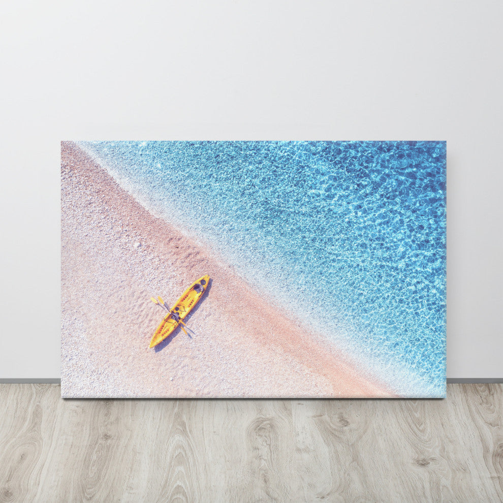 Yellow Canoe and Blue Sea by with Violet Glow Landscape Photo Canvas Art Print, 24" X 36"