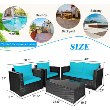Costway 4PCS Patio Rattan Cushioned Sofa Chair Coffee Table Turquoise