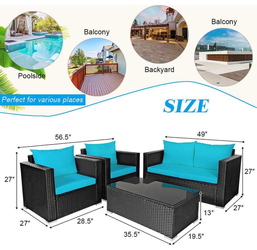 Costway 4PCS Patio Rattan Cushioned Sofa Chair Coffee Table Turquoise