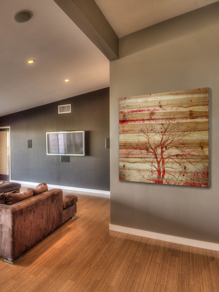 "Red Branches" Print on Natural Pine Wood, 24"x24"