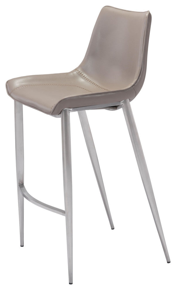 Bar Stool Chair, Set of 2, Faux Vinyl Leather, Steel, Gray, Silver