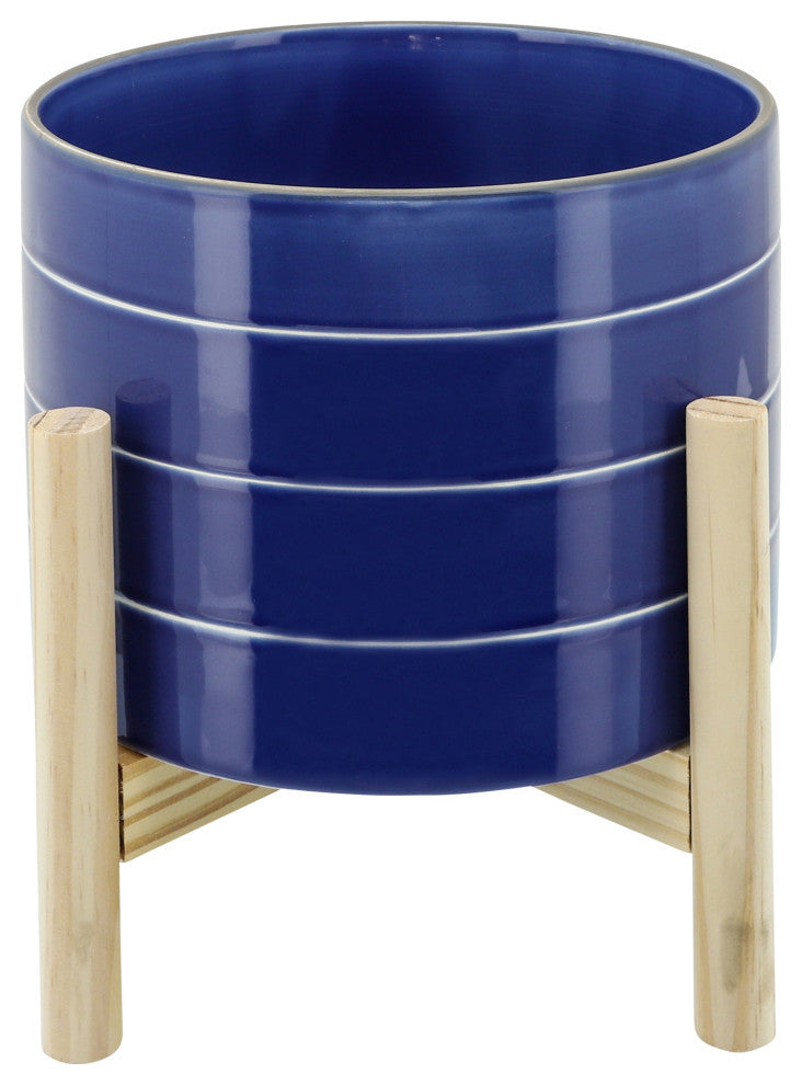 8" Striped Planter With Wood Stand, Navy