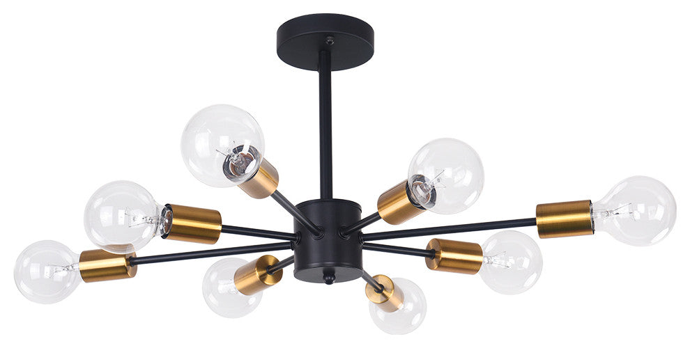 8 Light Sputnik Semi Flush Mount, Black/Gold