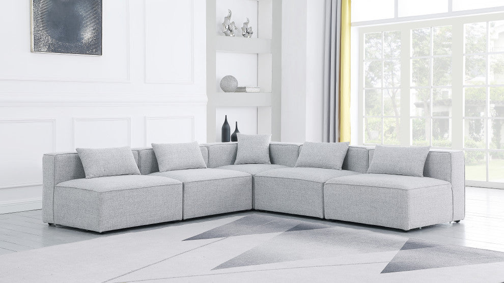 Cube Upholstered Modular Sectional, Gray, 5-Piece: 4 Armless Chair, 1 Corner Chair, Linen Texured Fabric