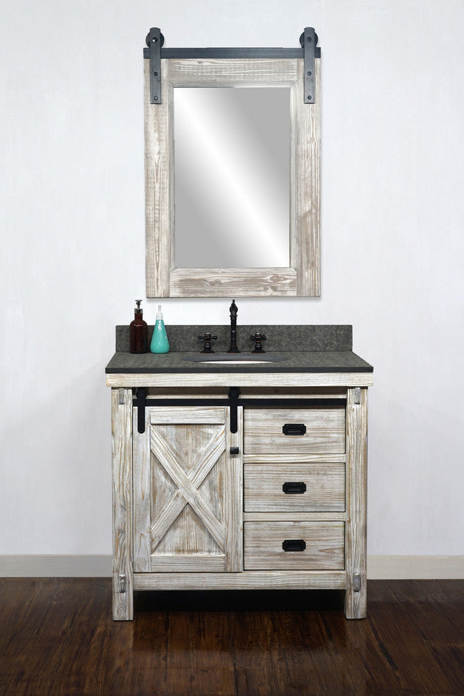 37" Rustic Solid Fir Barn Door Style Single Sink Vanity Marble Top, Wk8536-W+mg Top