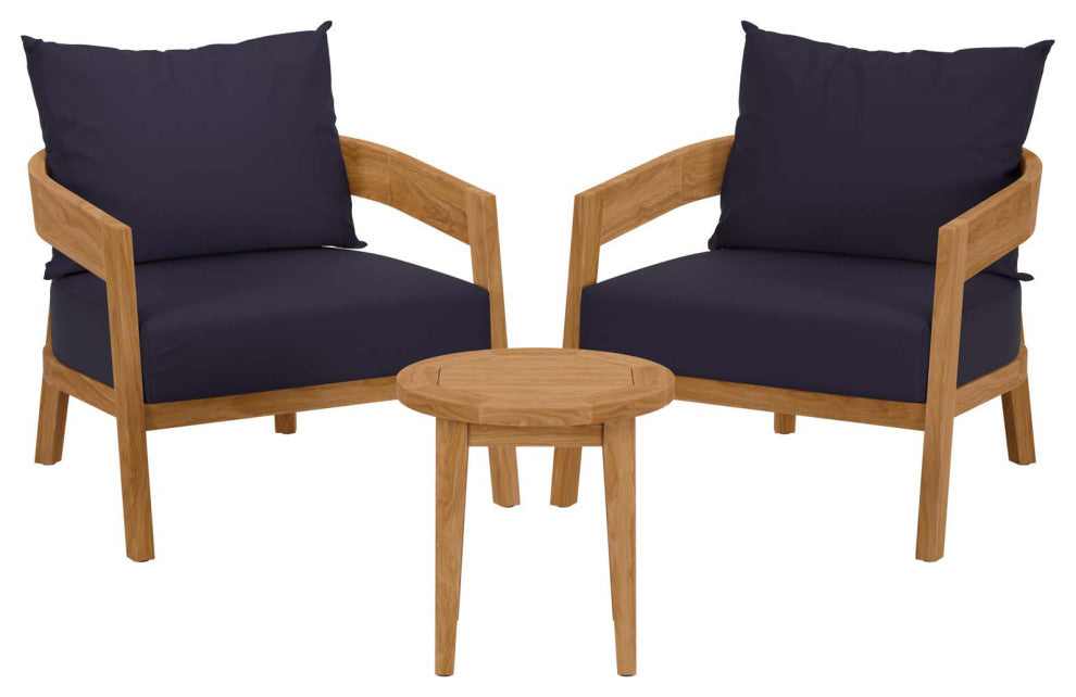 Lounge Chair Table Set, Blue Navy Natural, Teak Wood, Modern, Outdoor Patio