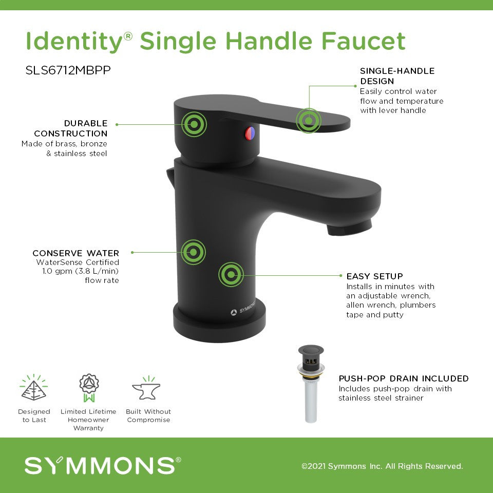Identity Single-Handle Single Hole Faucet With Drain Assembly, 1.0 gpm, Matte Black, Push Pop Drain