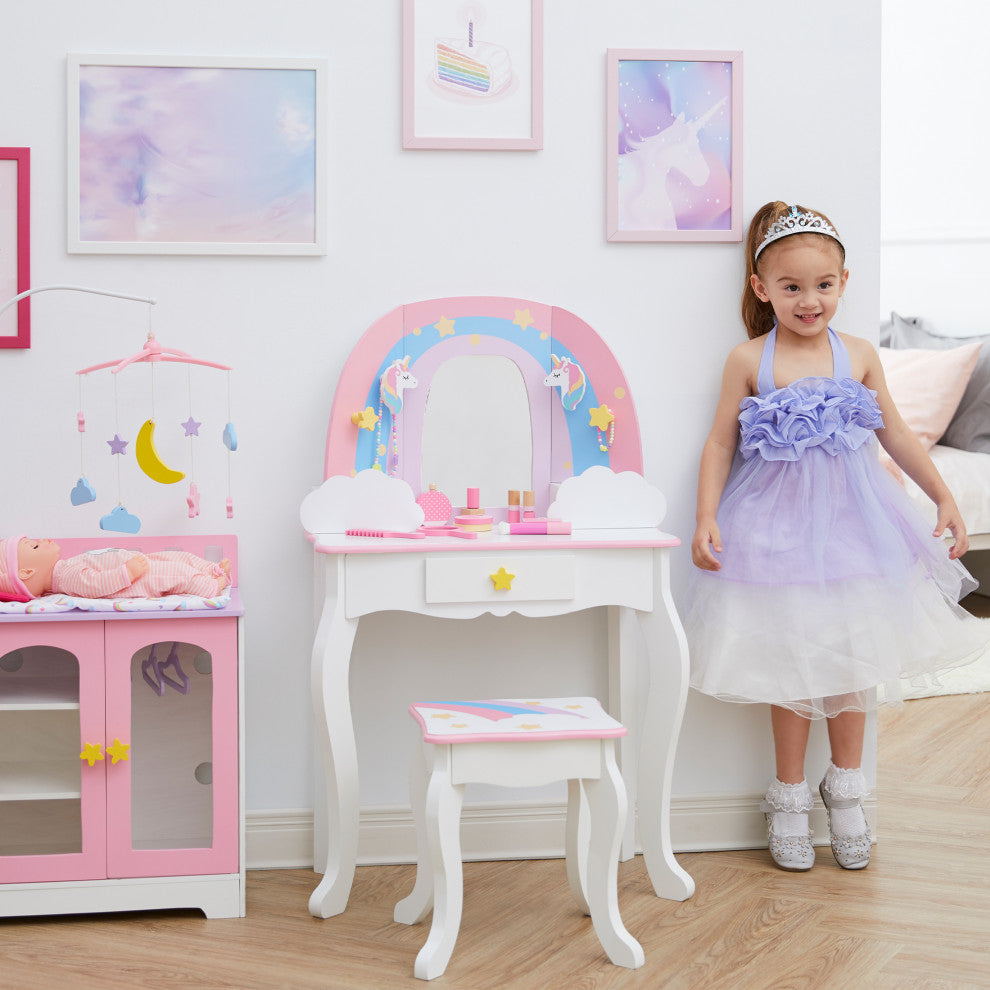 Unicorn Vanity Table Set w/ Mirror, White