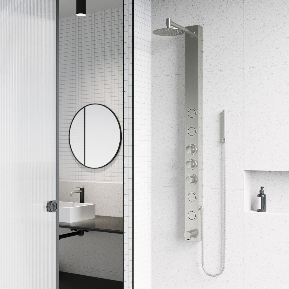 Bowery 58" H x 4" W 4-Jet Shower Panel with Round Shower Head and Tub Filler, Stainless