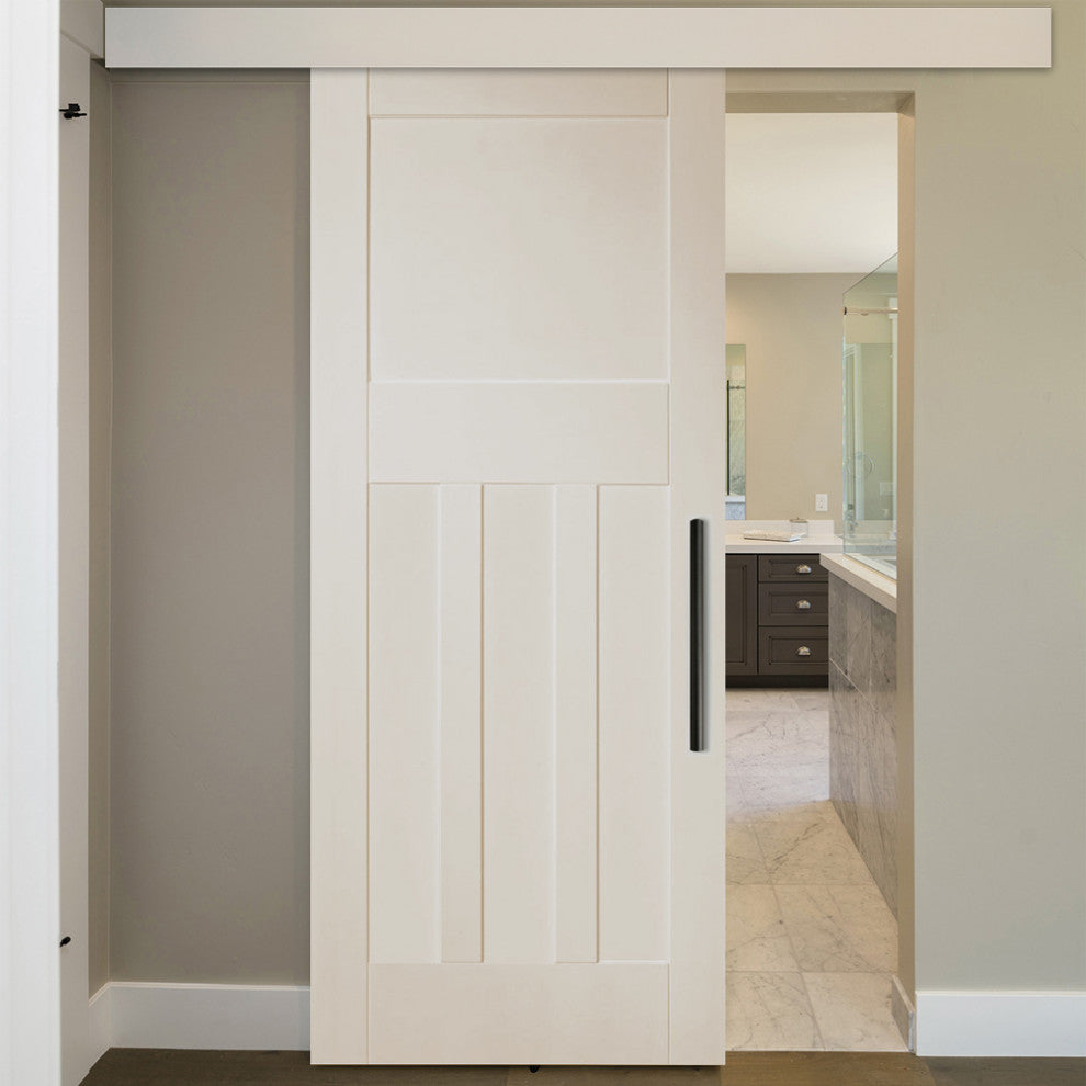 Shaker Wood Sliding Barn Door with 10 different panel designs, Primed White, 34"x84"