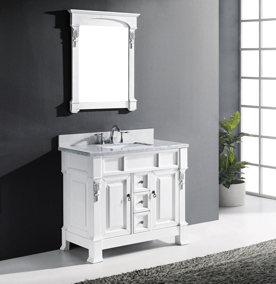 Virtu Huntshire 40" Single Bathroom Vanity, White With Marble Top, With Mirror