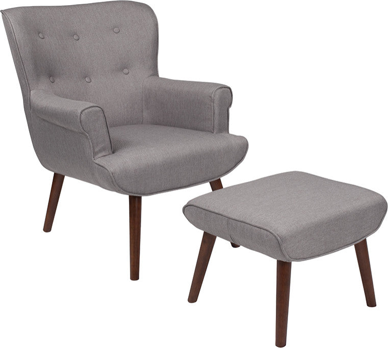 Bayton Upholstered Wingback Chair With Ottoman In Light Gray Fabric