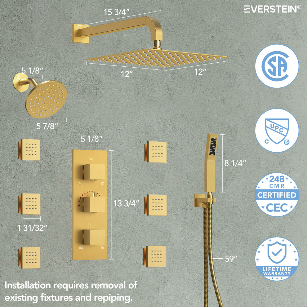 Dual Heads 12" Rain Shower System With 3 Way Thermostatic Faucet,Body Jets, Brushed Gold
