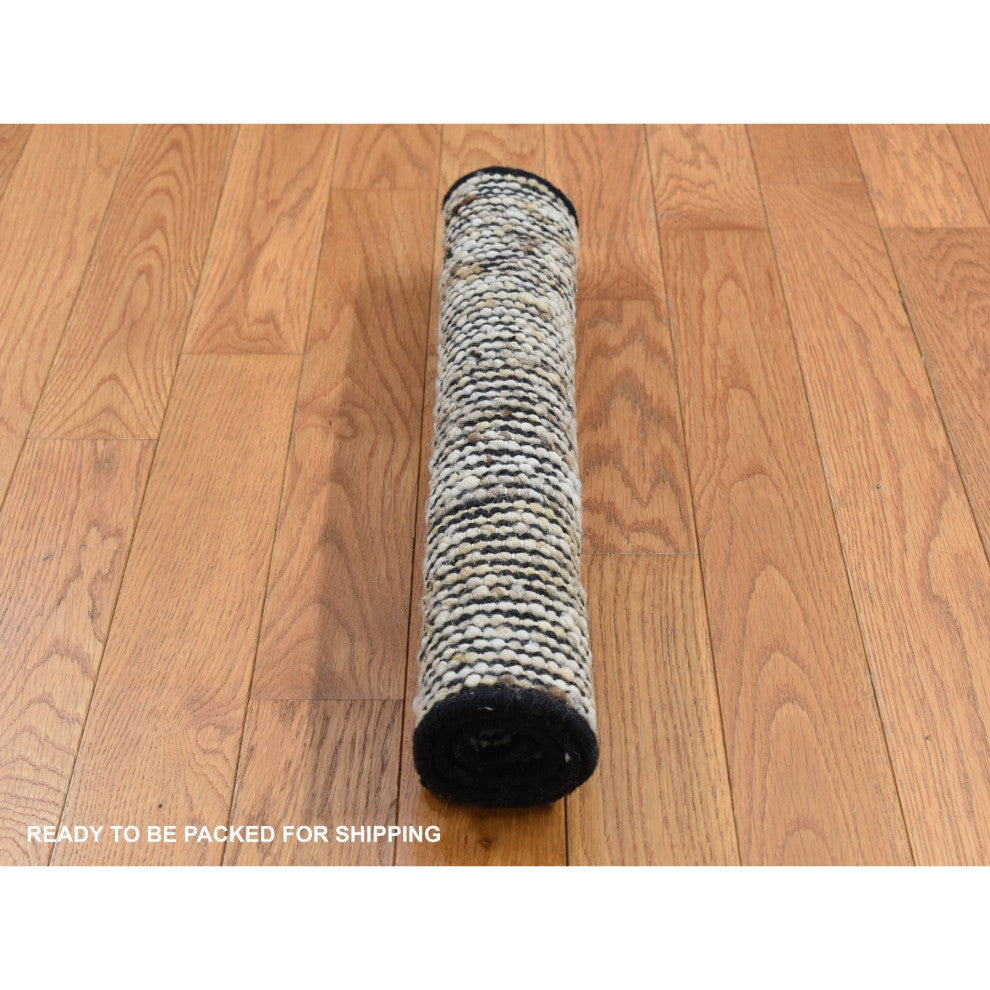 Ivory With Black 100% Wool Hand Loomed Modern Fragment Rug 1'10"x2'1"