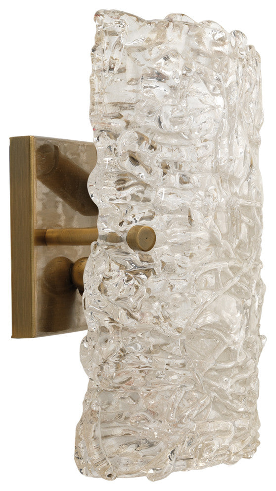 Swan Curved Glass Sconce, Large, Clear Textured Glass and Antique Brass Metal