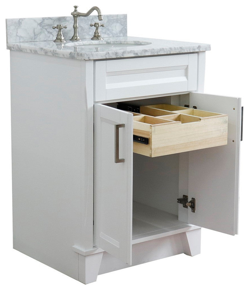 25" Single Sink Vanity, White Finish With White Carrara Marble And Oval Sink