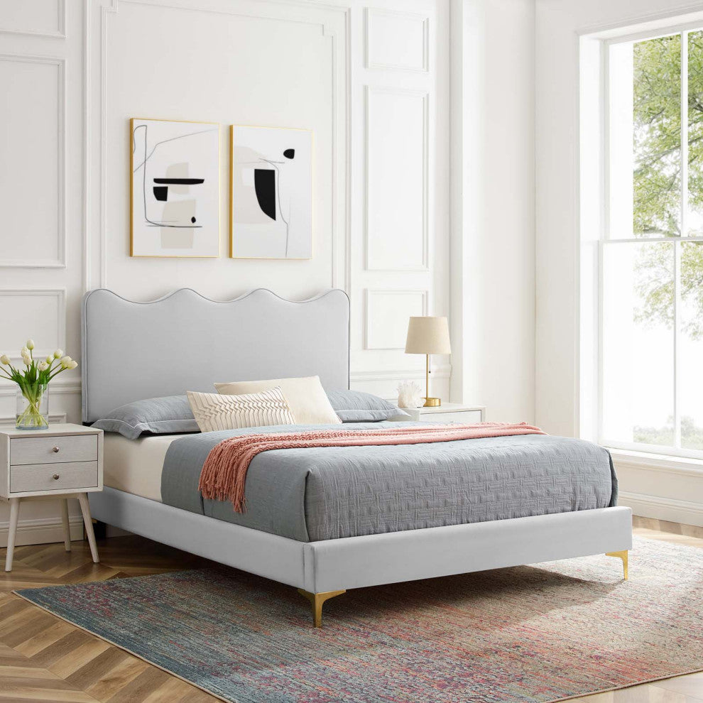 Platform Bed Frame, King Size, Gray, Velvet, Modern, Bedroom Guest Suite
