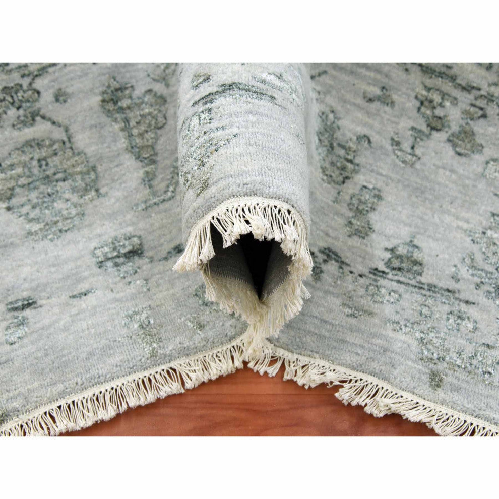 Gray, Wool and Silk Hand Knotted, Persian Erased Heriz Design Rug, 9'10"x14'3"