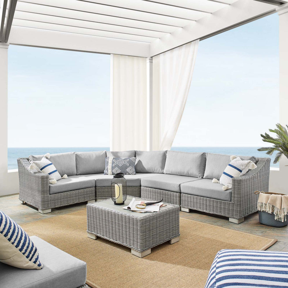 Lounge Sectional Sofa Chair Table Set, Rattan, Wicker, Gray, Outdoor