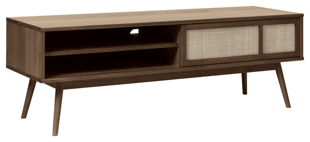 Modern Oak and Rattan Sliding Door TV Lowboard