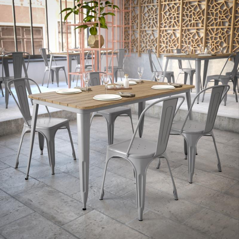 Declan Commercial Indoor/Outdoor Dining Table with Umbrella Hole, 30" x 60", Brown/Silver