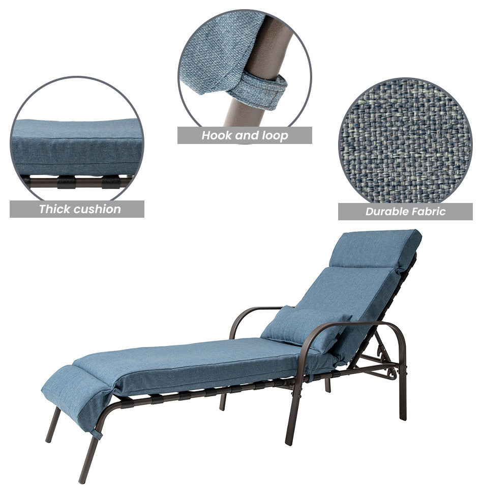 Set of 2 Adjustable Chaise Lounge Chair with Cushion & Pillow, Dark Blue