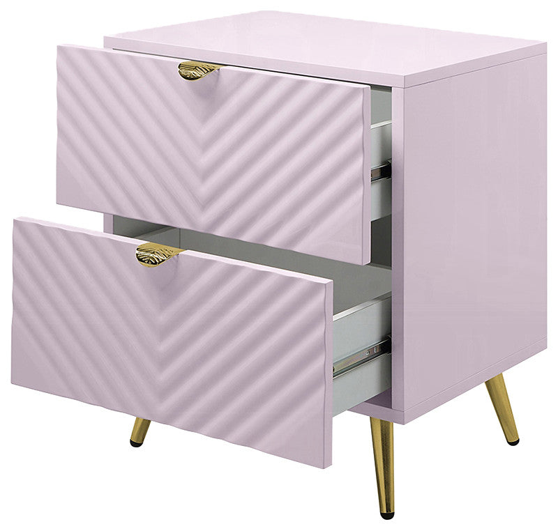 2-Drawers Wooden Nightstand With Metal Legs, High Gloss Pink Finish