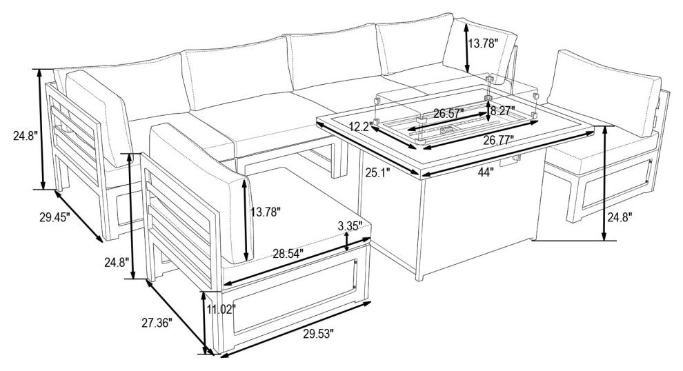 LeisureMod Chelsea 7-Piece Gray Patio Sectional With Fire Pit Table, Green
