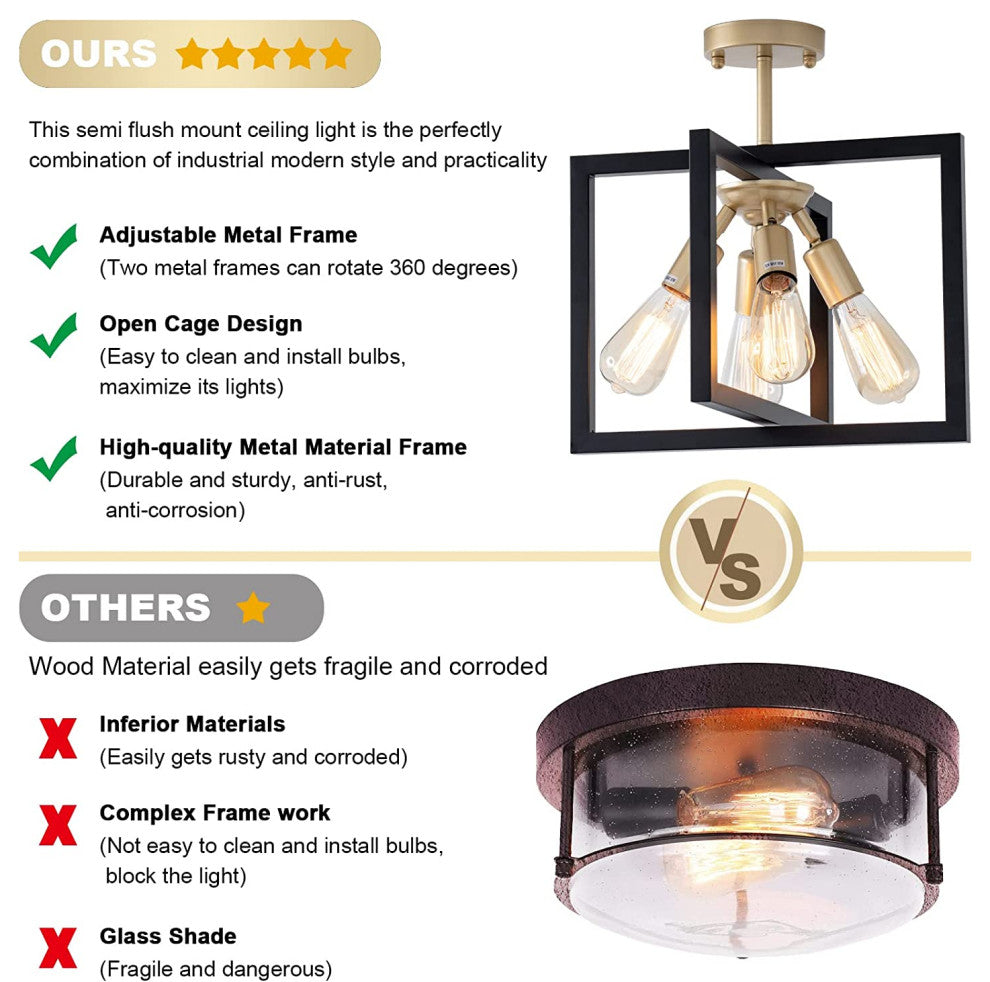 4 Light Industrial Ceiling Light Fixture Black and Gold Rectangle Flush Mount