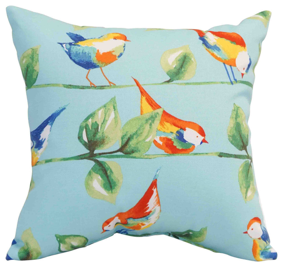 17" Square Polyester Outdoor Throw Pillows, Set of 4, Bird Branch