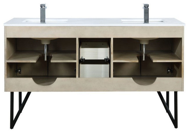 Lancy Modern 60" Rustic Acacia Double Sink Bathroom Vanity, Labaro Rose Gold Fau