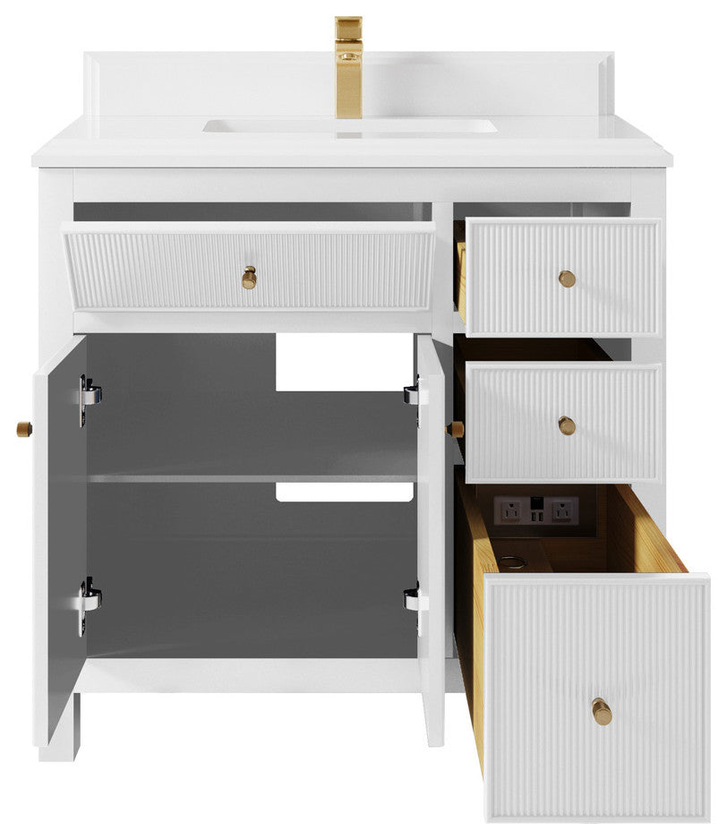 Sonoma 36 Center Sink Reeded Bath Vanity in White 1.5" White Quartz