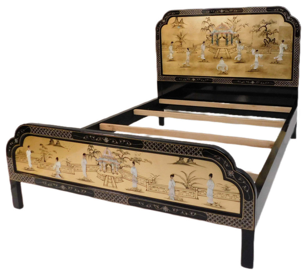 Oriental Gold Leaf Mother Of Pearl Palace Queen Bed In Chinese Black Lacquer