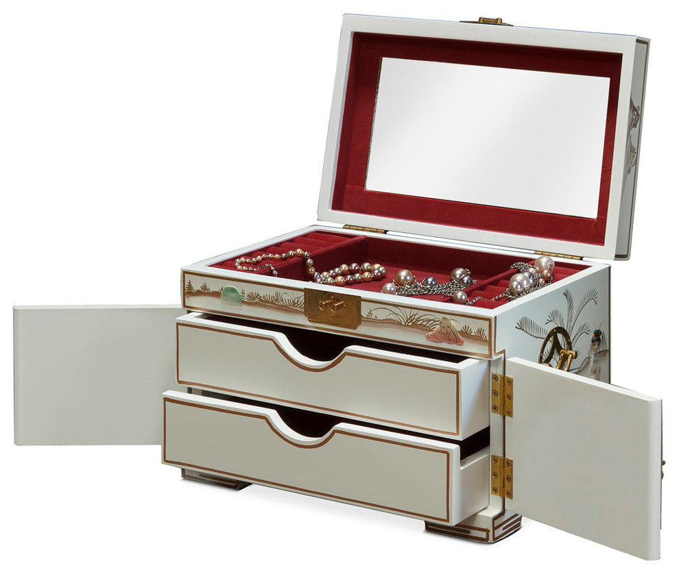 Jewelry Box With Mother of Pearl Maidens on Black Lacquer, White