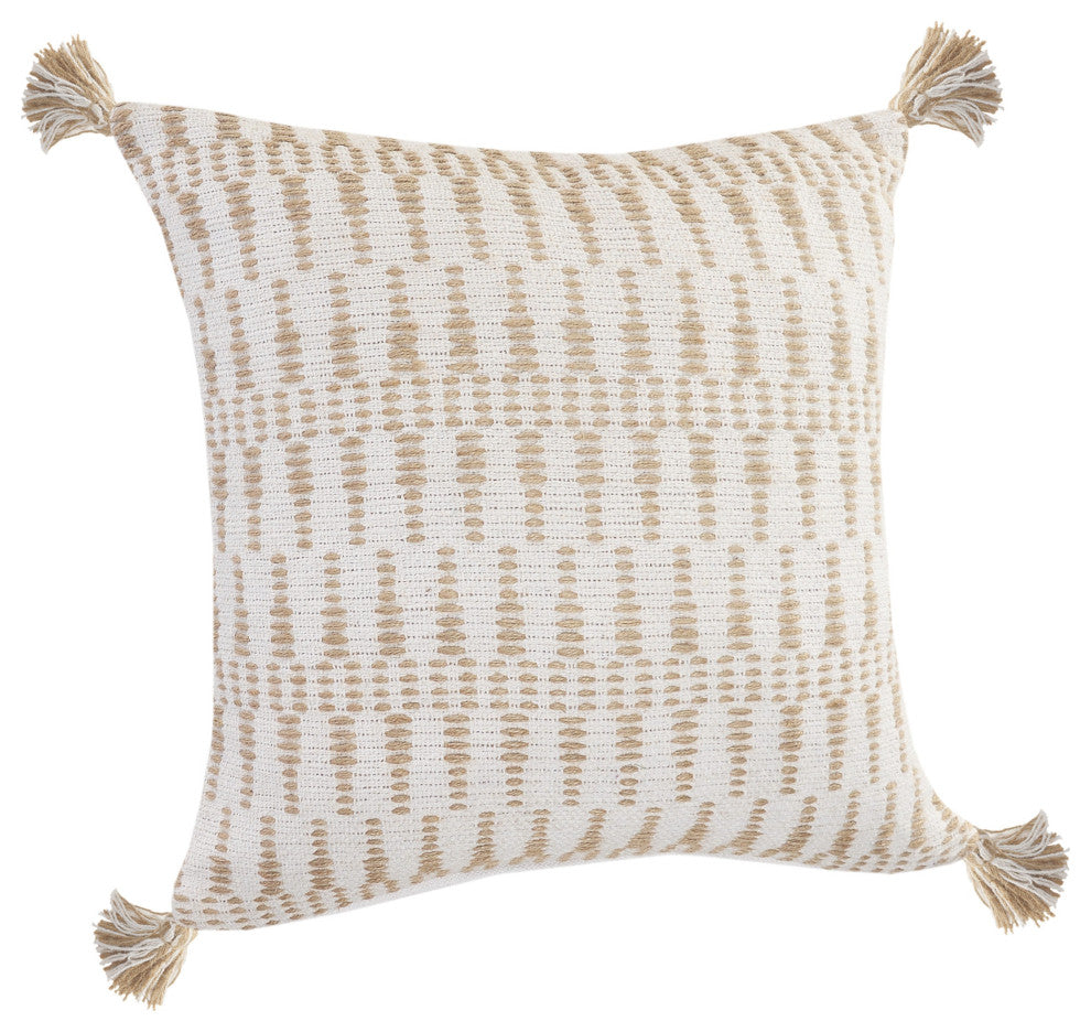 Ivory and Jute Geometric and Tasseled Throw Pillow