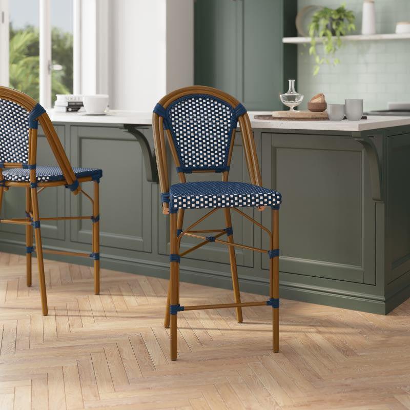 Set of 2 Stackable Indoor/Outdoor French Bistro 26" High Bar Stools, Navy & White/Natural Frame