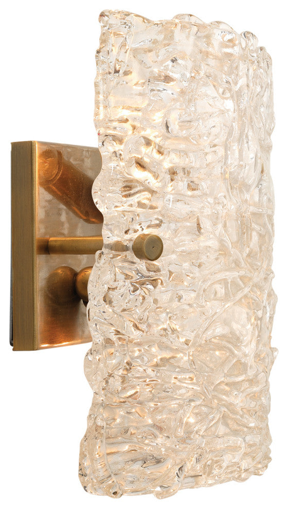 Swan Curved Glass Sconce, Large, Clear Textured Glass and Antique Brass Metal