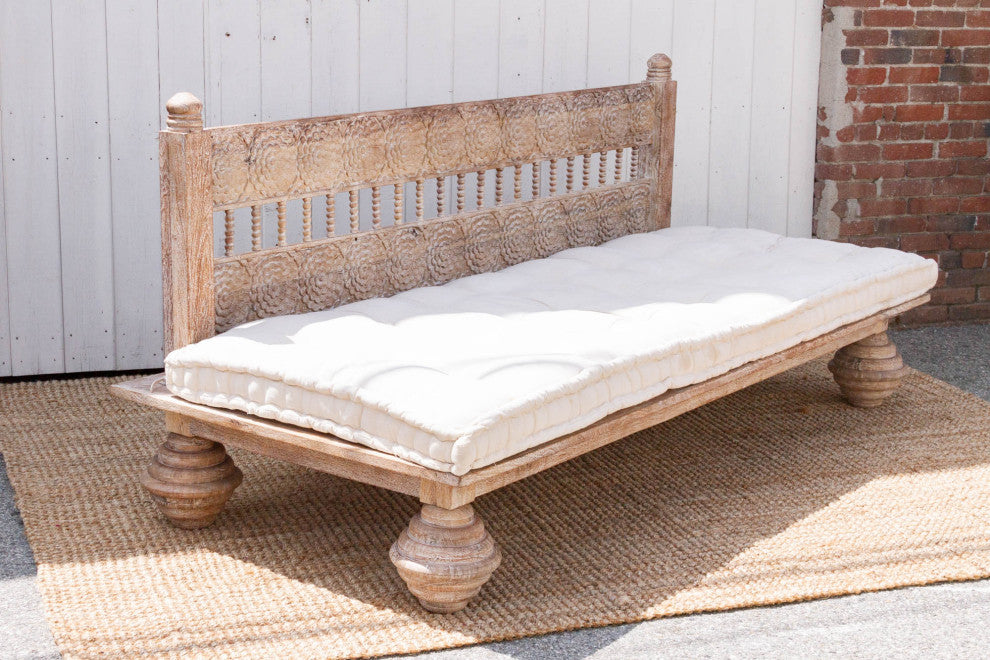 Carved Floral Whitewash Reclaimed Wood Daybed