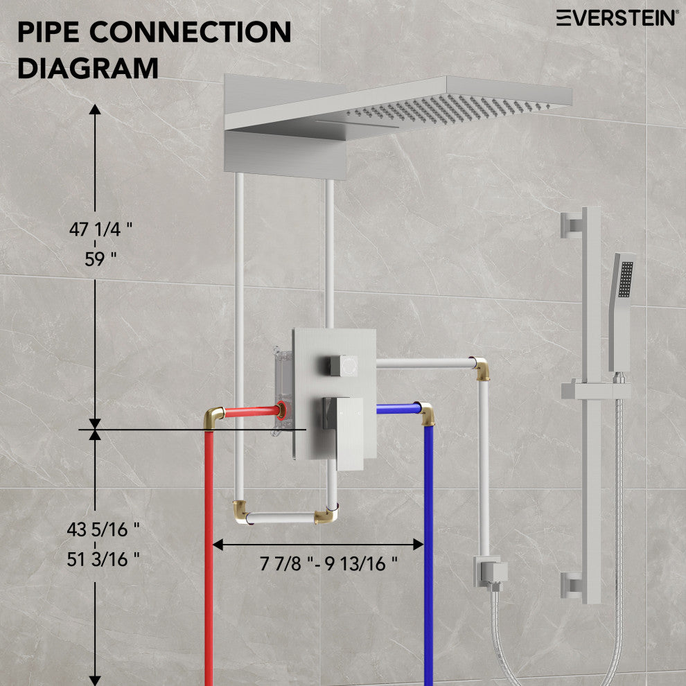 Dual-Function Waterfall & Rainfall Shower Faucet Set With Rough-In Valve, Brushed Nickel