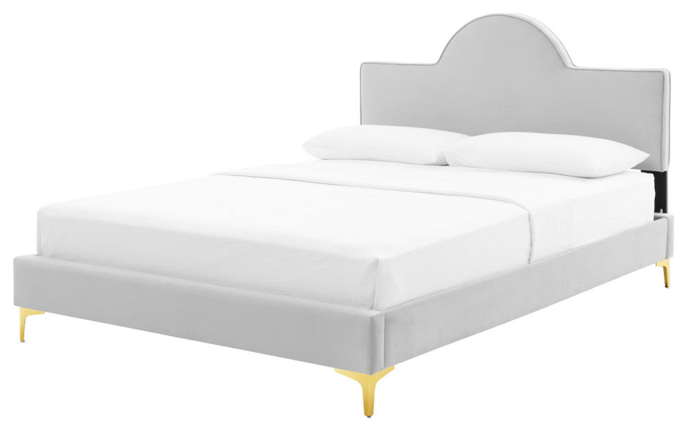 Platform Bed Frame, King Size, Gray, Velvet, Modern, Bedroom Guest Suite
